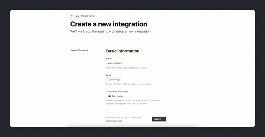 Notion API Create a new integration page