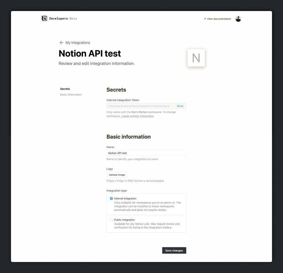 Notion API integration page with token