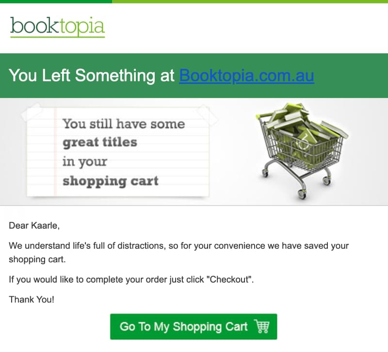 Abandoned cart email example: Booktopia